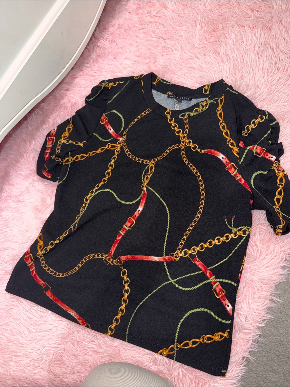 Haute Monde Black Short Sleeve Top with Gold Chain & Red Belt Print